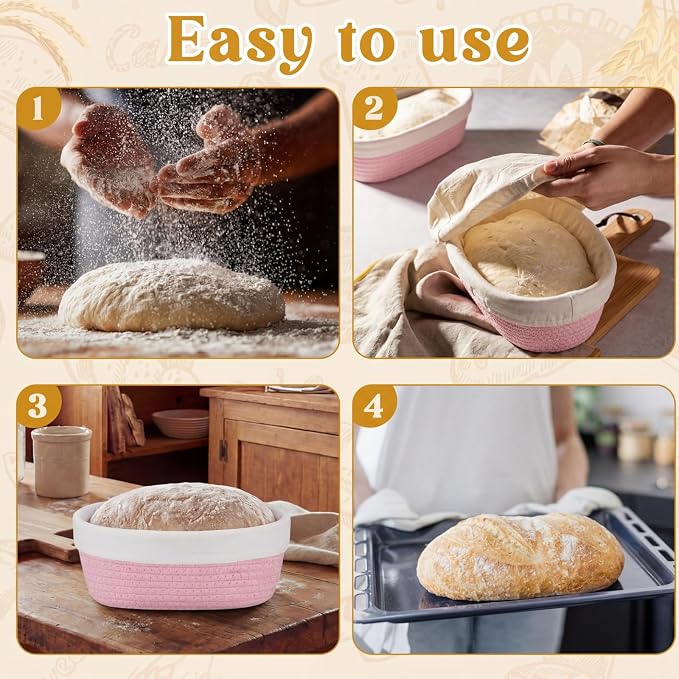 4 Pcs 10 Inch Bread Proofing Basket Set Cotton Rope Oval Banneton Basket Sourdough Bread with Liners Covers for Baking Supplies (Pink)