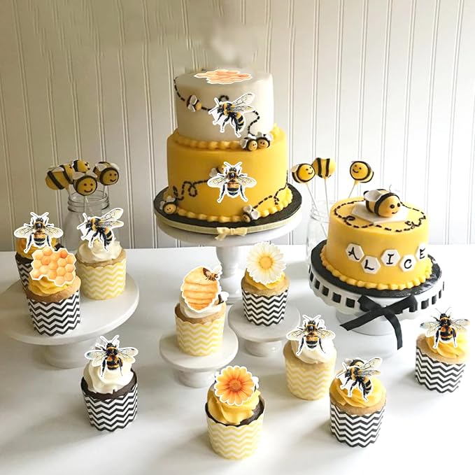 63 PCS Edible Bumble Bee Cupcake Toppers Honey Bee Daisy Cupcake Picks Edible Sunflower Oh Babee Cupcake Decorations for Bee Theme Baby Shower Kids Birthday Party Cake Food Decorations Supplies
