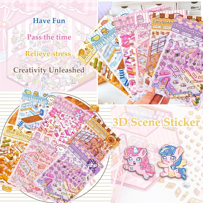 DIY 3D Sticker Scenes for Girls, 6 Sets Make Your Own Mini Room Scene Stickers for Kids, Cute Kawaii Scene Stickers, Therapy Stickers for Stress Relief, Holiday Christmas Activity