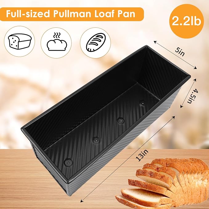 2-Pack Black 13inch Pullman Loaf Pan with Lid, Premium Aluminized Steel Non-Stick Coating Bread Pan, PFTE and PFOA-Free, Safe and Healthy Baking for Homemade Bread with Family-sized