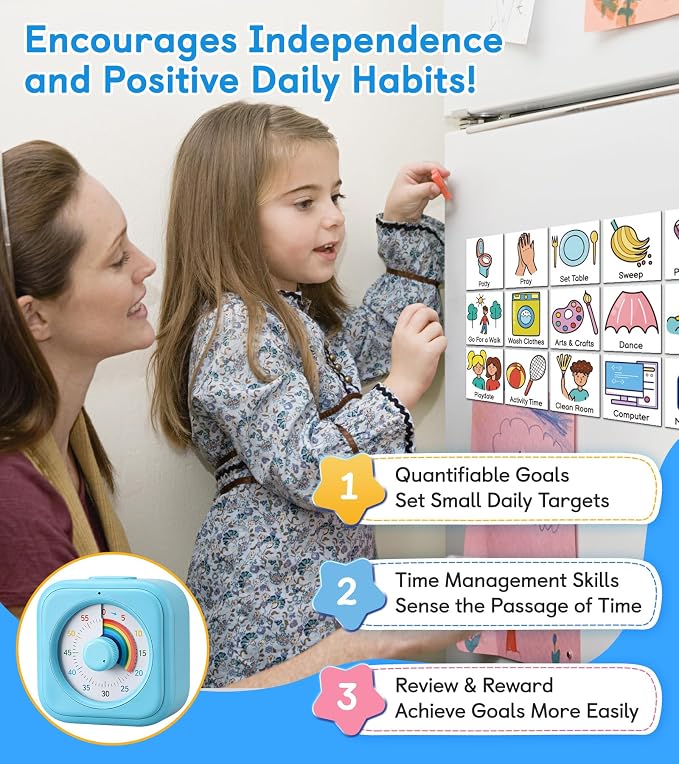 2-in-1 Visual Timer & Magnetic Visual Schedule for Kids, Autism ADHD Time Management Tool with 100+ Routine Chore Chat Magnets, Sensory Learning Materials for Home, Classroom, Special Education
