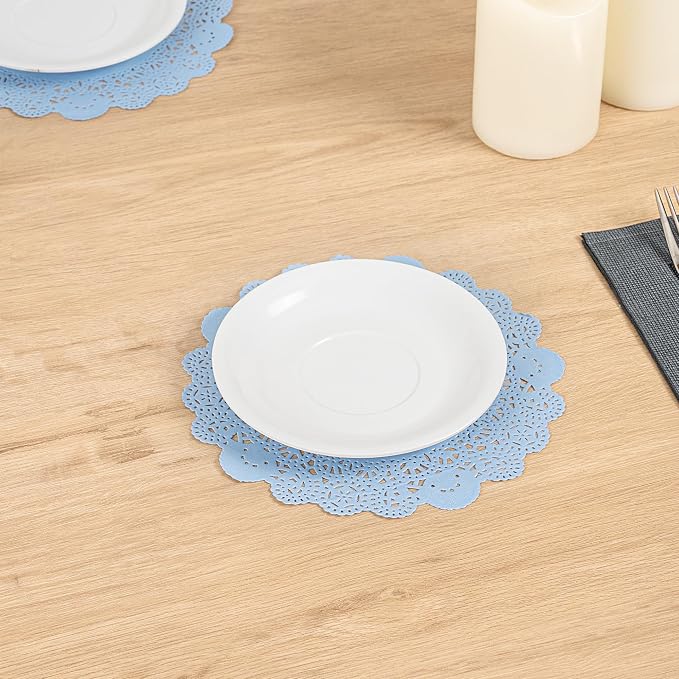 Restaurantware-Pastry Tek 8 x 8 Inch Paper Lace Doilies, 4000 Round Disposable Table Doilies - Elegant Lace Finish, Long Lasting, SkyBlue Paper Lace Doilies, for Pastries, Cupcakes, Desserts