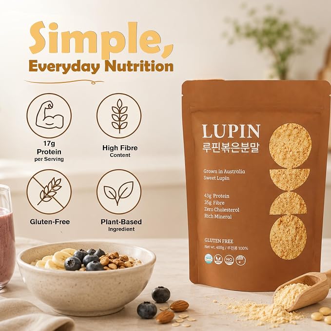 Lupinery Roasted Lupini Beans Flour Powder | 100% Australian Lupin 400g | High Protein Gluten Free Flour Alternative | Low Carb Plant Based Ingredient for Bread Smoothies Cooking and Baking