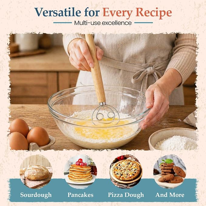 Danish Dough Whisk - 13 inch Stainless Steel Sourdough Whisk with Long Wooden Handle - Durable Bread Dough Mixer - Perfect Stirrer for Artisan Loaves, Pizza Dough & Pancakes