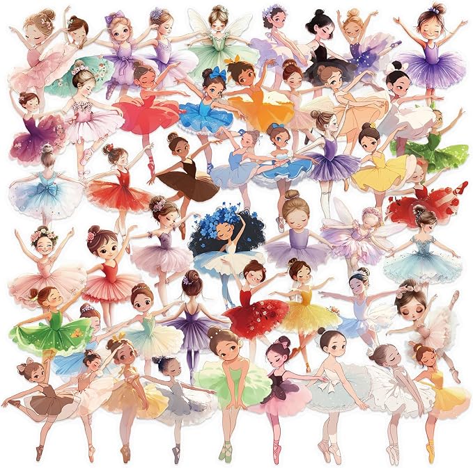 Transparent Ballet Girl Sticker, 50pcs Cute Multi-Color Ballerina Dancing Girl Stickers for Water Bottle Scrapbook Laptop Luggage,Waterproof Funny Trendy Decals for Teens Girls Women(Colourful-B3)