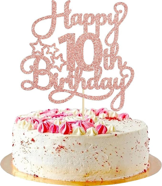 1 Pack Happy 10th Birthday Cake Topper Glitter Heart Star 10 Fabulous Cake Pick Birthday Sign Cake Decorations for Children 10th Birthday Theme Party Supplies Rose Gold