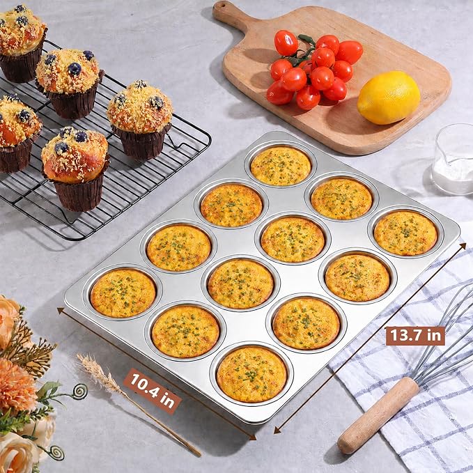 LIANYU Muffin Pan 12 Cups, Stainless Steel Cupcake Muffin Tin for Baking, Regular Size Metal Cupcake Baking Tray for Mini Muffins, Quiche, Brownie, Oven & Dishwasher Safe