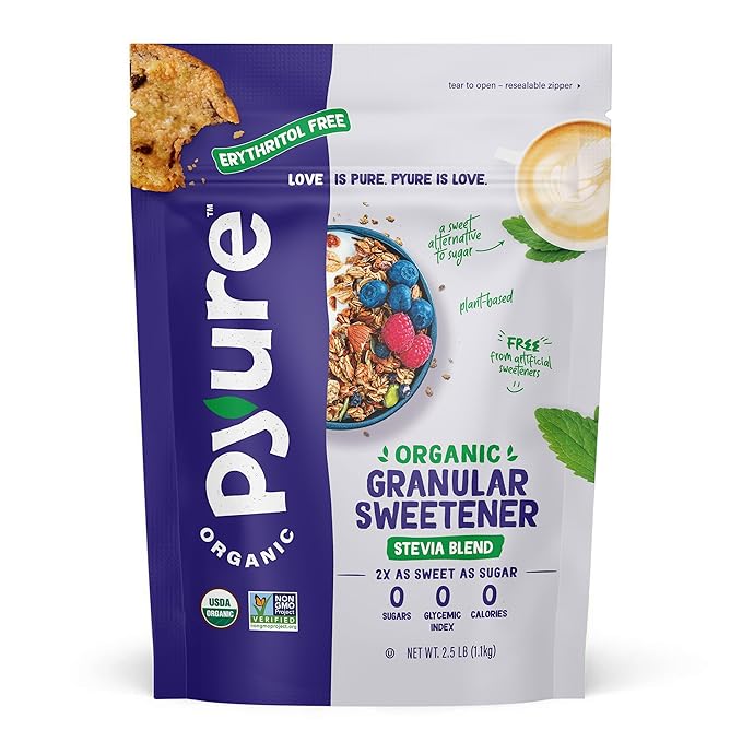 Pyure Organic Stevia Blend | Granulated Sugar Substitute with Zero Calories & Carbs | Keto, Diabetic & Vegan Friendly | Sugary Taste Alternative | USDA Organic, Non-GMO | Erythritol Free | Good For Baking | 2.5lb (40oz)