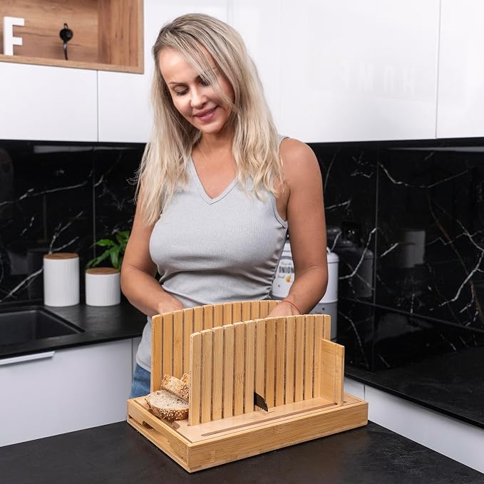 Bread Slicer for Homemade and Sourdough Bread - Hard Maple Wood and Bamboo, Adjustable Slicing Guide for Even Slices with Crumb Tray for Easy Cleanup