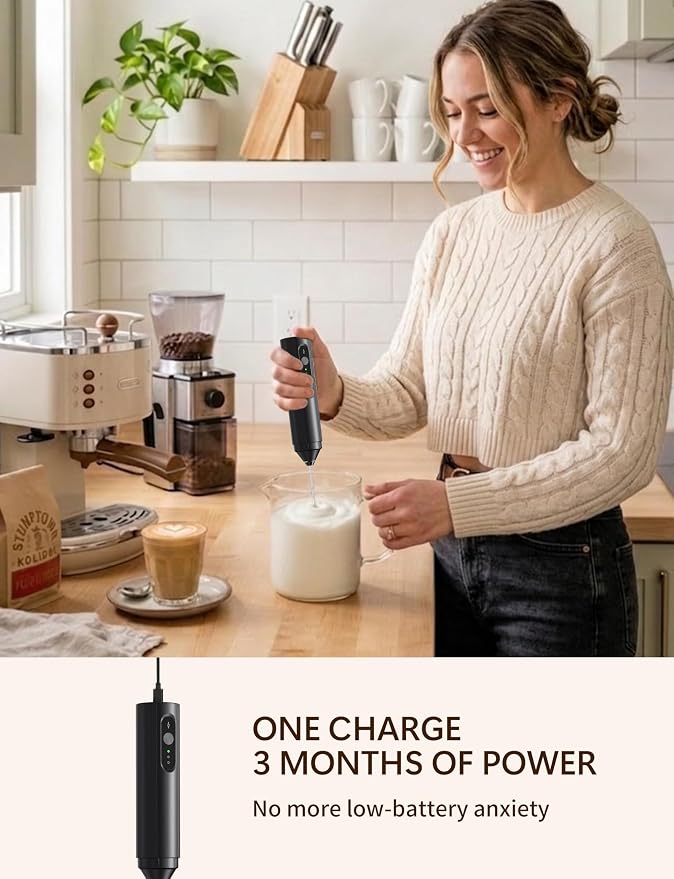 Rechargeable Milk Frother Hanheld, 3 Speed Frother Wand Drink Mixer Handheld Coffee Stirrers Electric Frother for Coffee Mixer Wand -Black