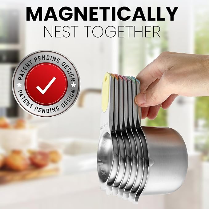 Spring Chef Stainless Steel Magnetic Measuring Cups, Set of 7 & Heavy Duty Magnetic Measuring Spoons, Set of 8 with Leveler - for Dry and Liquid Ingredients - 2 Product Bundle - Pastel