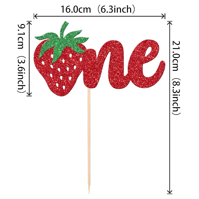1 PCS Strawberry One Cake Topper Glitter First Birthday Sweet One Strawberry Cake Pick Berry 1st Birthday Cake Decoration for Strawberry Theme Baby Shower Kids 1st Birthday Party Supplies Red