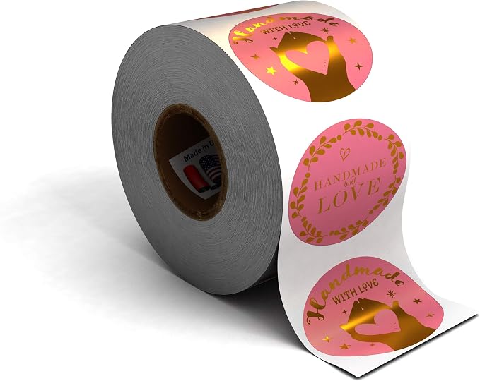 Kenco 1.5" Inch Handmade with Love Stickers, Made in The USA! for Envelopes, Boxes, Packaging and More - 500 Labels Per Roll (2 Pack 1,000 Stickers, Pink and Gold FOIL)