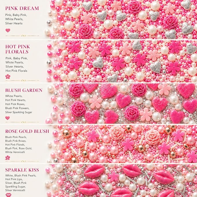 Handcrafted Pink Mini Roses, Silver Hearts, Vermicelli & White Pearls - Vegan, Gluten-Free, Nut-Free, Soy-Free, Dairy-Free Cake & Baking Sprinkles - Perfect for Anniversaries & Special Occasions - 5 Oz
