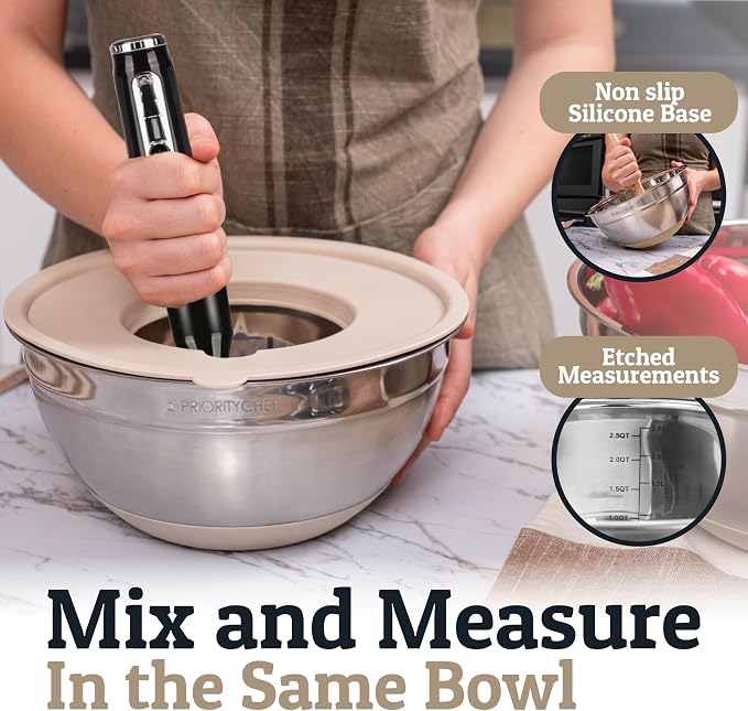 Priority Chef 6Pc Stainless Steel Mixing Bowls with Lids Set, Huge 7 Qrt Size Metal Bowl Set for Kitchen, 3 Graters, Non-Slip Bases & Silicone Utensils Set, Khaki