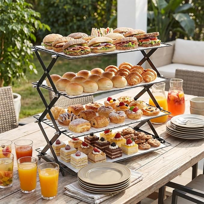 4 Tier Collapsible Cooling Rack, 3 Setting Design - Adjustable Stackable Cooling Racks for Cooking and Baking, Non-Stick Wire Rack with 20pcs Parchment Paper for Baking Cookies, Cakes, Bread, Pizza