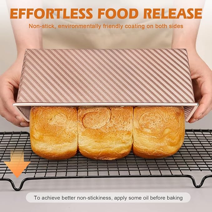 2Pack Pullman Loaf Pans with Lids – 2.2 LB & 1 LB Dough Capacity, Non-Stick Carbon Steel Bread Pans for Homemade Sandwich and Sourdough Bread, Corrugated Toast Mold