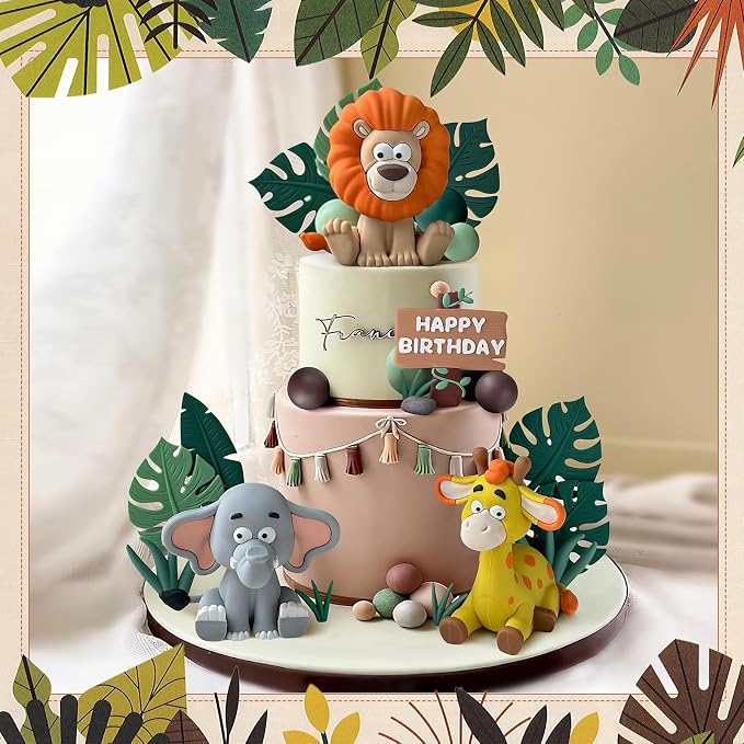 23pcs Safari Animal Cake Topper, Jungle Wild Cake Toppers with Leaves Balls Cake Decorations for Safari Animals Themed Birthday Party Decorations (Jungle Wild Animal Style)