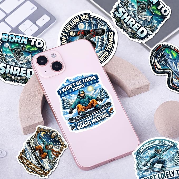 10pcs Snowboarding Stickers Gifts for Snowboarders Ski Lovers Multiple Different Design, Waterproof UV-Resistant for Water Bottle, Laptop, Window, Car