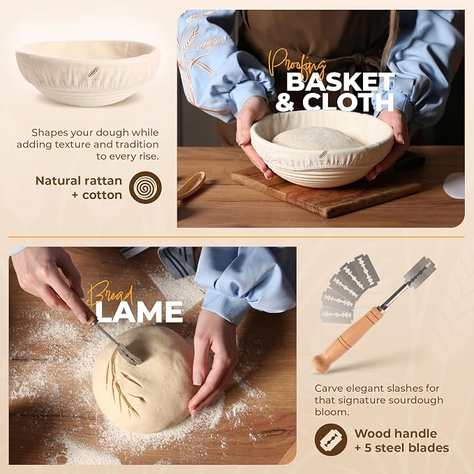BAKERIA 9" Round Banneton Bread Proofing Basket Set with Starter Jar, Linen Liner, Bread Lame, Dough & Bench Scraper, Bread Whisk – Complete Artisan Sourdough Baking Kit