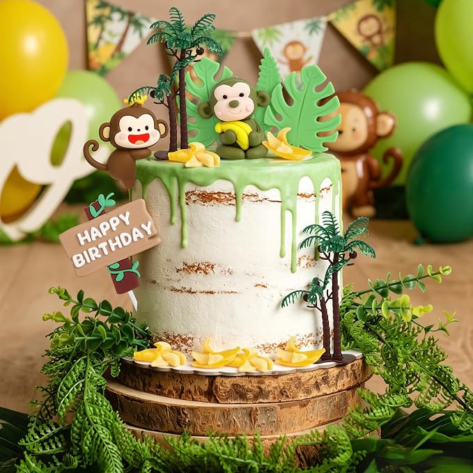 Hooqict 18Pcs Monkey Cake Decorations Set with Mini Banana Coconut Trees Happy Birthday Cake Toppers for Jungle Safari Animal Baby Shower Monkey Themed Birthday Party Decorations Supplies