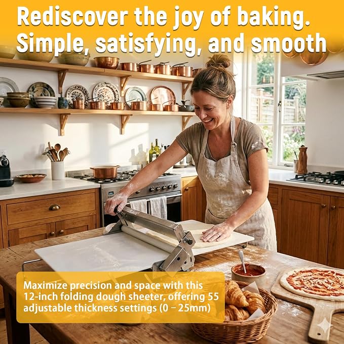 12" Folding Dough Sheeter Manual Dough Roller with Thickness Adjustment (0.1-25mm) Stainless Steel Counter Top Dough Sheeter for Pizza Croissants Pastry and Crust Home & Commercial Use