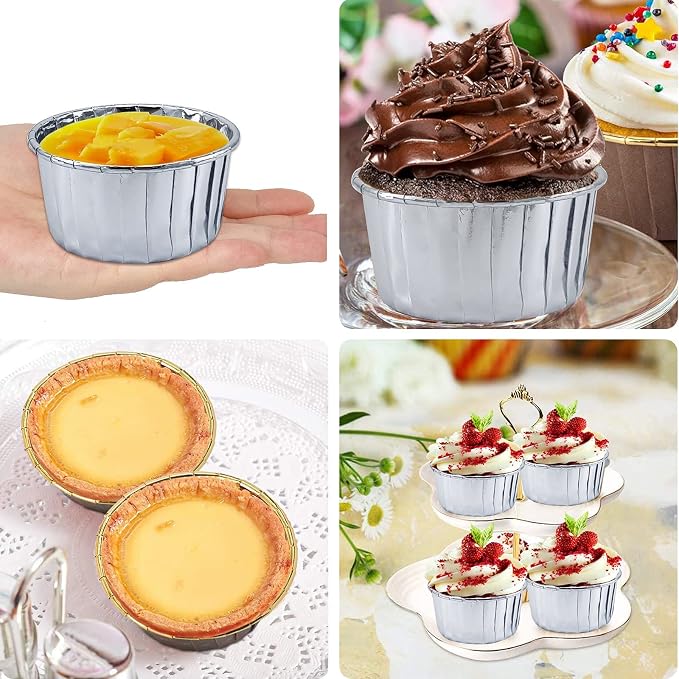 50 Pack Foil Cupcake Liners with Dome Lids,LNYZQUS 5oz Large Cupcake Cups,Disposable Muffin Tins Ramekins Pans Baking Cups Wrappers Holders-Silver