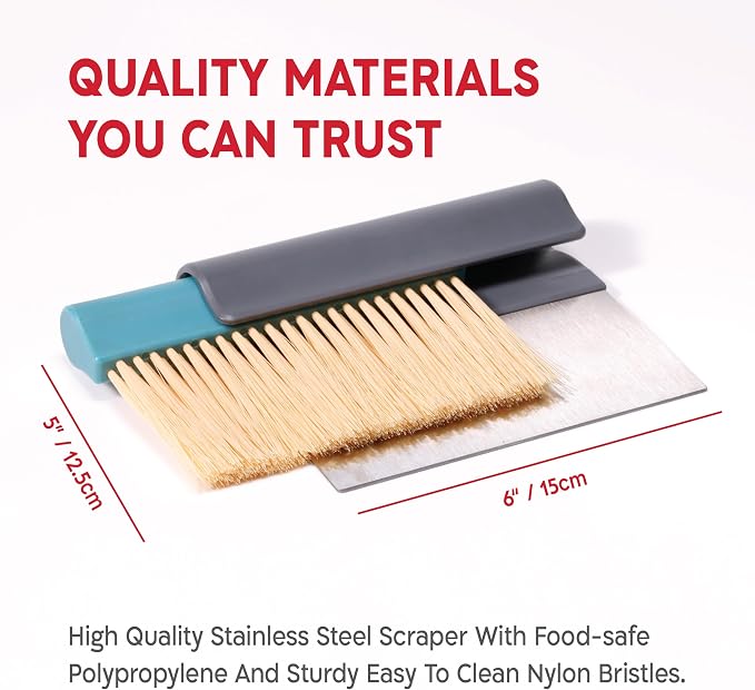 KneadAce Dough Scraper & Baker’s Brush.Stainless Steel Bench Scraper & Flour Cleaning Brush. Kitchen Tool for Pastry, Sourdough and Baking Prep Bread Dough Cutter, Gift For Bakers (Gray/Turquoise)