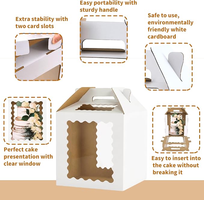 3 Pack 12x12x12 Inch Tall Cake Boxes with windows,10in 12in Large Tiered Cake Box, Disposable Tall Cake Carrier, Layer Tall Baking Carrier with Handle for Wedding, Birthday