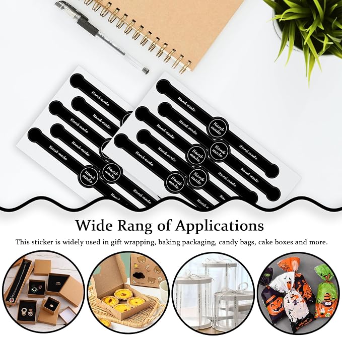 500pcs Handmade Food Baking Seal Stickers, Black Self Adhesive Bakery Stickers, 7.1in Long Strip Tamper-Proof Packaging Sealing Labels for Lollipop Cake Cookie Bread