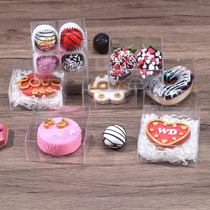 50pcs 4x4x2 Inch Plastic Clear Pastry Boxes - Cookies, Doughnuts, Truffles, Brownie, Cake, Chocolate Covered Strawberries & Treat Boxes for Party Favors & Wedding