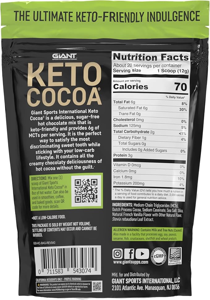 Keto Cocoa | Delicious Sugar Free Instant Hot Chocolate Mix with 6g of MCTs for Ketogenic Diet Low Carb Lifestyle | No Gluten | 20 Servings