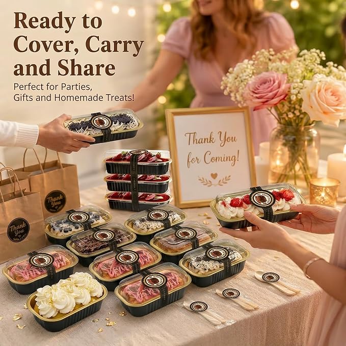 YQER 100 Pack Black Mini Cake Pans with Lids and Spoons, 6.8 oz Disposable Aluminum Foil Mini Loaf Pans with Stickers, Elegant Dessert Cake Tins Containers for Wedding, Parties, Bake Sales and Gifts
