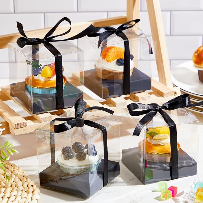 96 Pieces Individual Cupcake Boxes Single Cupcake Container Clear Cupcake Carrier Plastic Cupcake Storage Cupcake Holder with Ribbon and Insert for Wedding Birthday Party Favor, 3.5 x 3.5 x 3.5(Black)