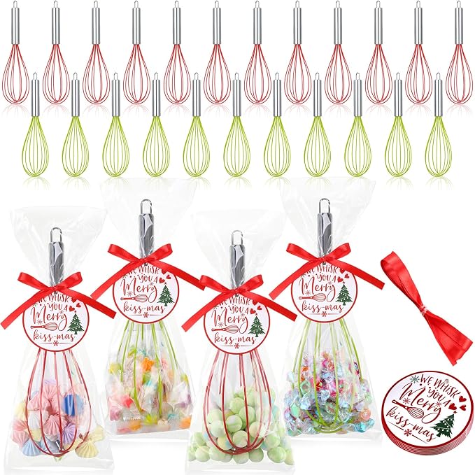 FoldTier 36 Sets 10 Inch Christmas Whisks Gifts DIY Fillable Christmas Tree Ornaments Xmas Colored Silicone Whisks for Cooking Heat Resistant Egg Beaters with Card Rope Bag for Candy Holder