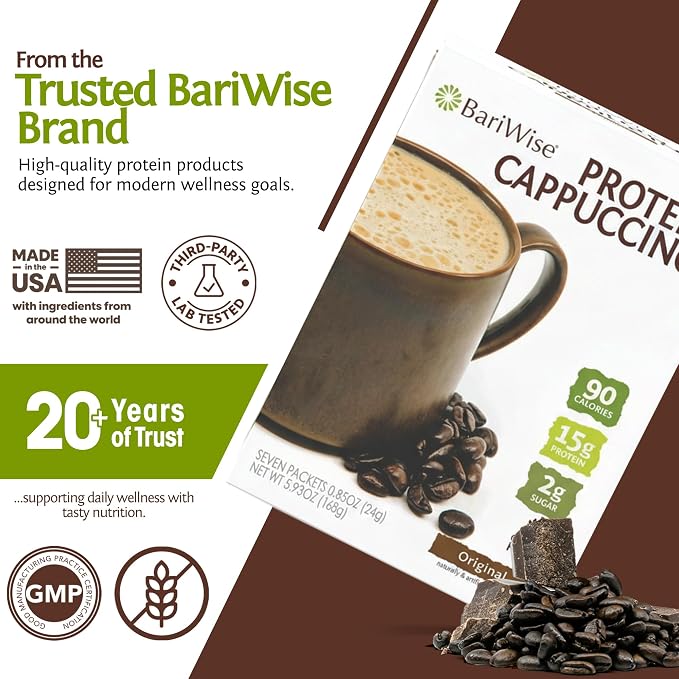 BariWise Protein Hot Drink Cappuccino Mix, Original, Low Sugar, Gluten Free, Keto Friendly & Low Carb (7ct)