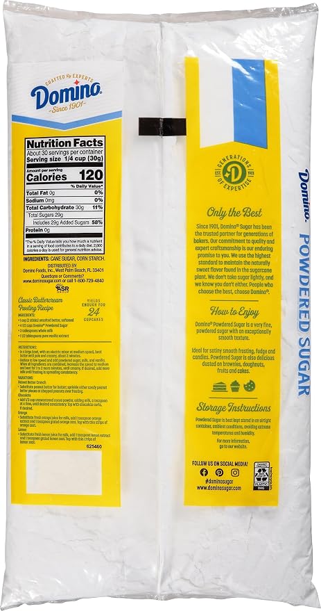 Domino® Powdered Sugar, Premium Cane Confectioners 10X, 2 lb Bag (Pack of 2) – Ultra‑Fine, Smooth Texture for Frosting, Icing & Baking - Includes Bonus Recipe Card
