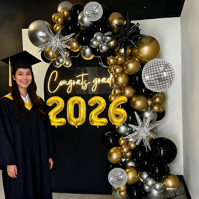 2026 Graduation Balloon Garland Arch Kit, Black Gold Silver Balloon Arch Class of 2026 Graduation Decorations Disco Star Balloons for Grad Celebrations Birthday Party Decorations