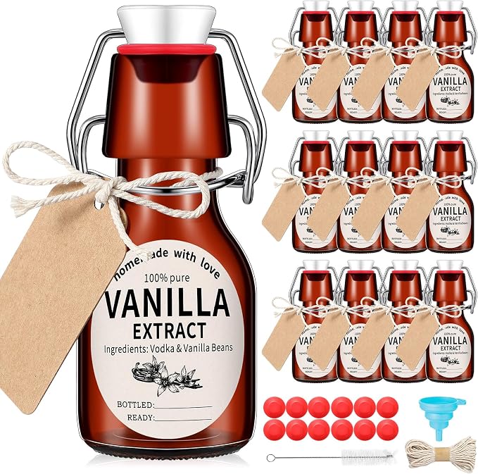 Vesici 12 Sets Swing Top Glass Bottles Set Amber Homemade Vanilla Extract Bottles Vanilla Extract Jars for Christmas DIY Crafts (2 Oz)