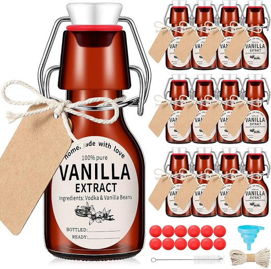 Vesici 12 Sets Swing Top Glass Bottles Set Amber Homemade Vanilla Extract Bottles Vanilla Extract Jars for Christmas DIY Crafts (2 Oz)