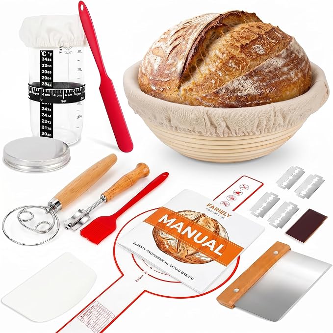 Complete Sourdough Starter Kit, Bread Baking Supplies, 9'' Round Banneton Bread Proofing Basket with Glass Sourdough Starter Jar & Tools, Bakery Accessories for Bread Making Baking Fermentation