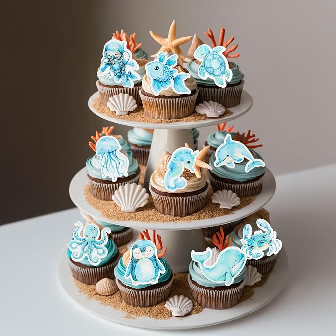 Gyufise 60Pcs Edible Ocean Sea Animal Cupcake Toppers Shark Dolphin Starfish Octopus Seahorse Cupcake Picks Baby Shower Cake Decorations for Under the Sea Theme Birthday Party Supplies