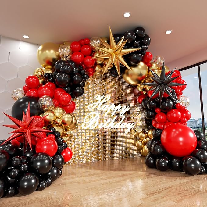 Red and Black Gold Balloon Arch Kit, 140Pcs Explosion Star Black and Red Metallic Gold Balloons 22 18 12 10 5 Inch Different Size Balloons for Birthday Casino Night Movie Night Decorations