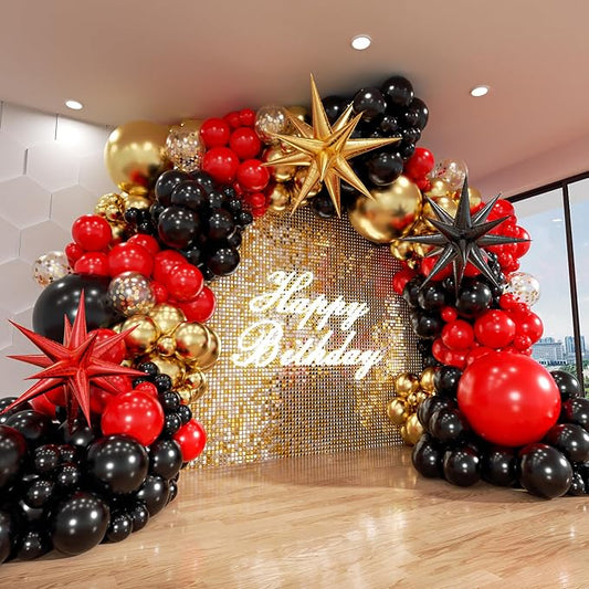 Red and Black Gold Balloon Arch Kit, 140Pcs Explosion Star Black and Red Metallic Gold Balloons 22 18 12 10 5 Inch Different Size Balloons for Birthday Casino Night Movie Night Decorations