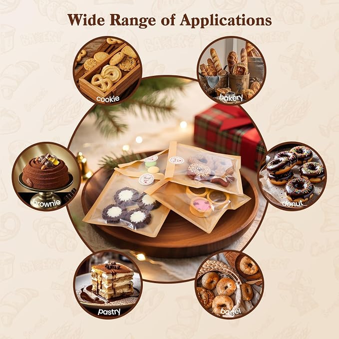 HONKID 100 Pack Cookie Packaging Bags With Seal Stickers, 5.7x6.5 Inch Food-Grade Bakery Bags With Window, Heat Sealable Paper Cookie Sleeves for Homemade, Cookies, Cakes, Brown, Donut