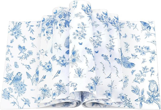 Feifeiya 200 Pcs Floral Wax Paper Sheet for Food Chinoiserie Bird Deli Paper Waterproof Sandwich Wrapping Greaseproof Food Basket Liners for Picnic Party Kitchen Supply, 9.8 x 8.7inch (Floral,Blue)