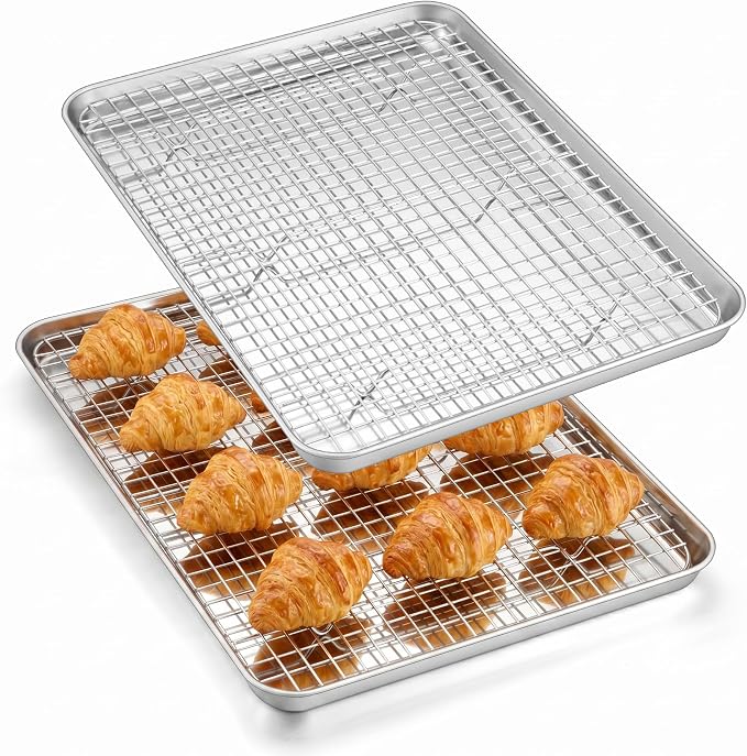 Homikit Jelly Roll Pan with Cooling Rack Set (2 Pans+2 Racks), 16" x 12" Stainless Steel Baking Sheet Tray with Wire Grid Rack, Cookie Bacon Pan for Oven Cook Roast, Rust Proof & Nonstick