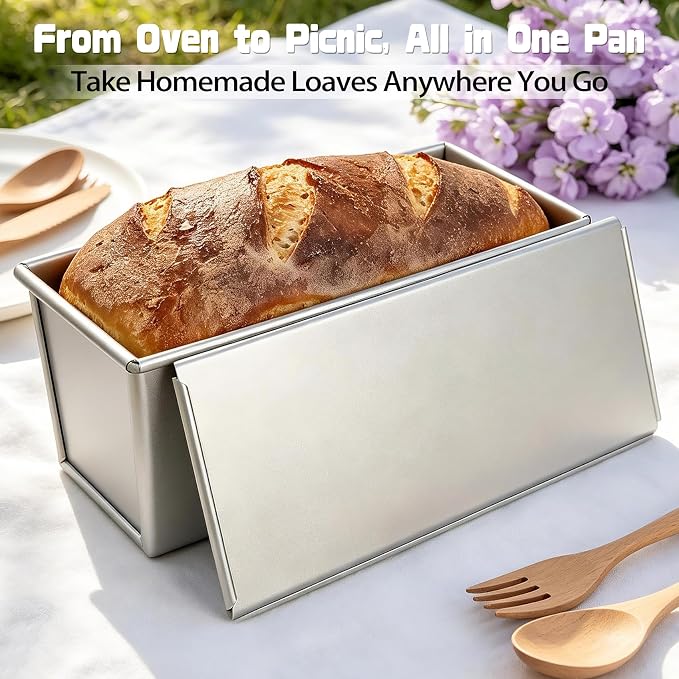 Pullman Loaf Pan with Lid, 13x4 inch, 2.2lb Uncoated Sandwich Bread Pan,Heavy-Duty Aluminized Steel Toast Box with Cover for Homemade Sourdough Bread