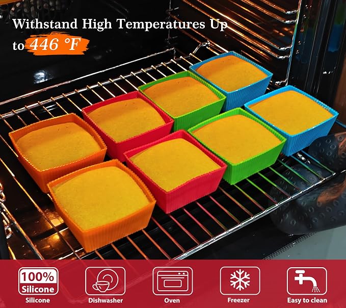 Webake 3.5 Inch Jumbo Baking Cups Reusable Silicone Square Cupcake Liners Non-stick Muffin Brownie Cake Mold (Pack of 8)