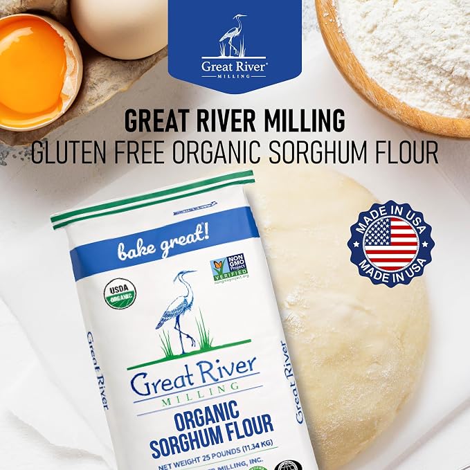 Great River Milling Organic Sorghum Flour | Whole Grain Gluten Free Flour | Non-GMO, Vegan & Kosher Certified | Milled for Smooth Texture | Ideal for Bulk Baking & Cooking, Pancakes & Batters | 25 Lb